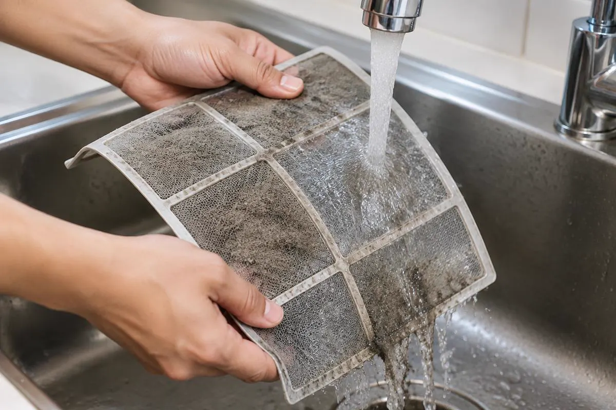 Washing a dusty split AC filter under running water