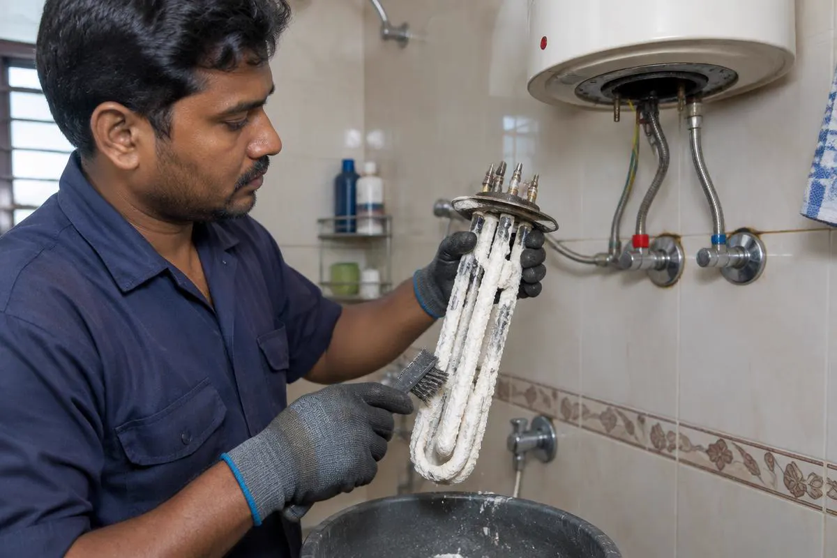 Technician descaling a geyser heating element covered in hard-water scale
